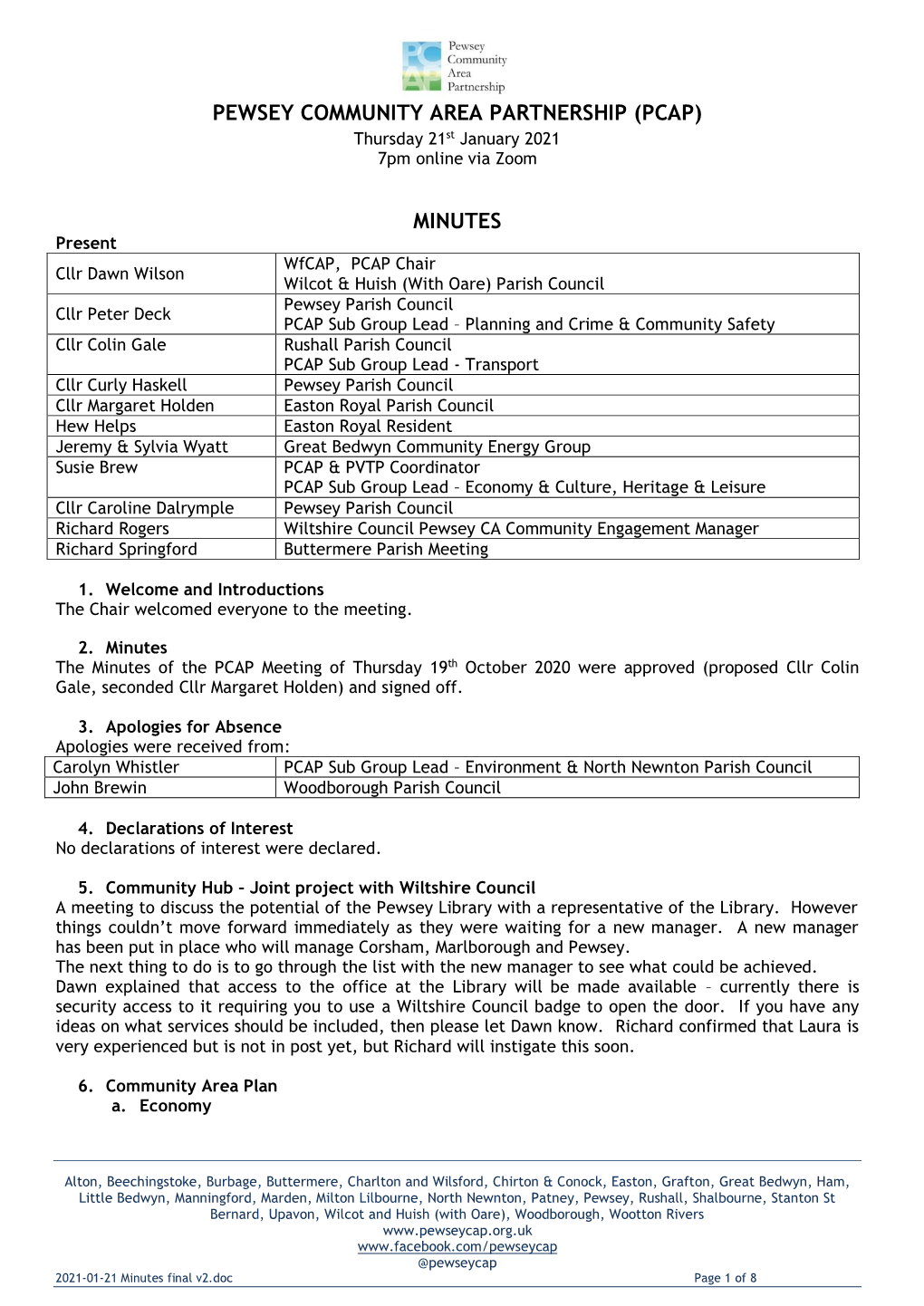 Pewsey Community Area Partnership (Pcap) Minutes