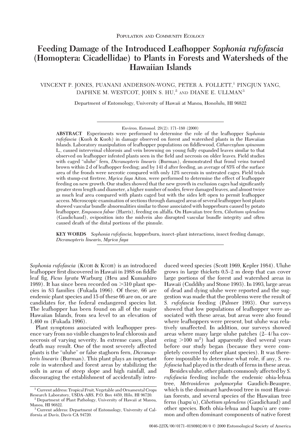 Feeding Damage of the Introduced Leafhopper Sophonia Rufofascia (Homoptera: Cicadellidae) to Plants in Forests and Watersheds of the Hawaiian Islands