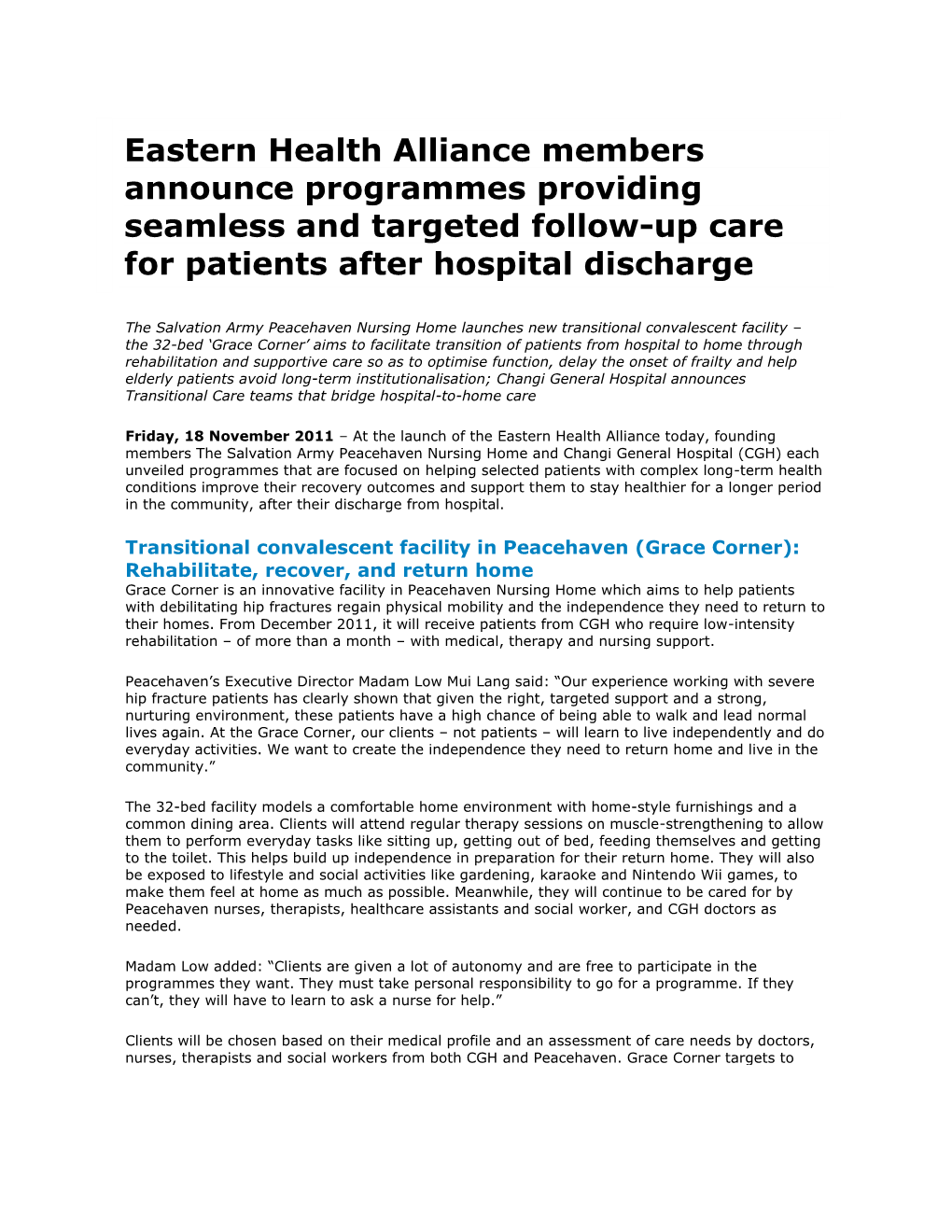 Eastern Health Alliance Members Announce Programmes Providing Seamless and Targeted Follow-Up Care for Patients After Hospital Discharge