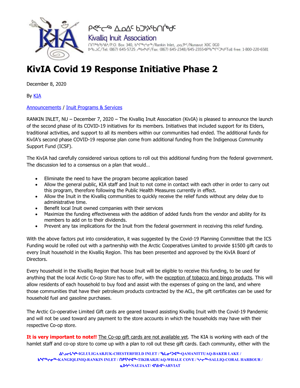 Kivia Covid 19 Response Initiative Phase 2