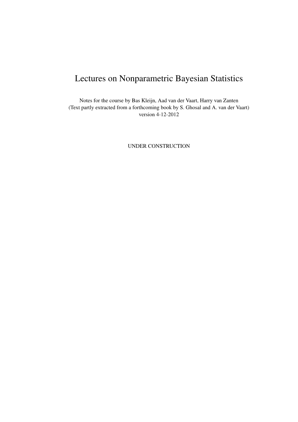 Lectures on Nonparametric Bayesian Statistics