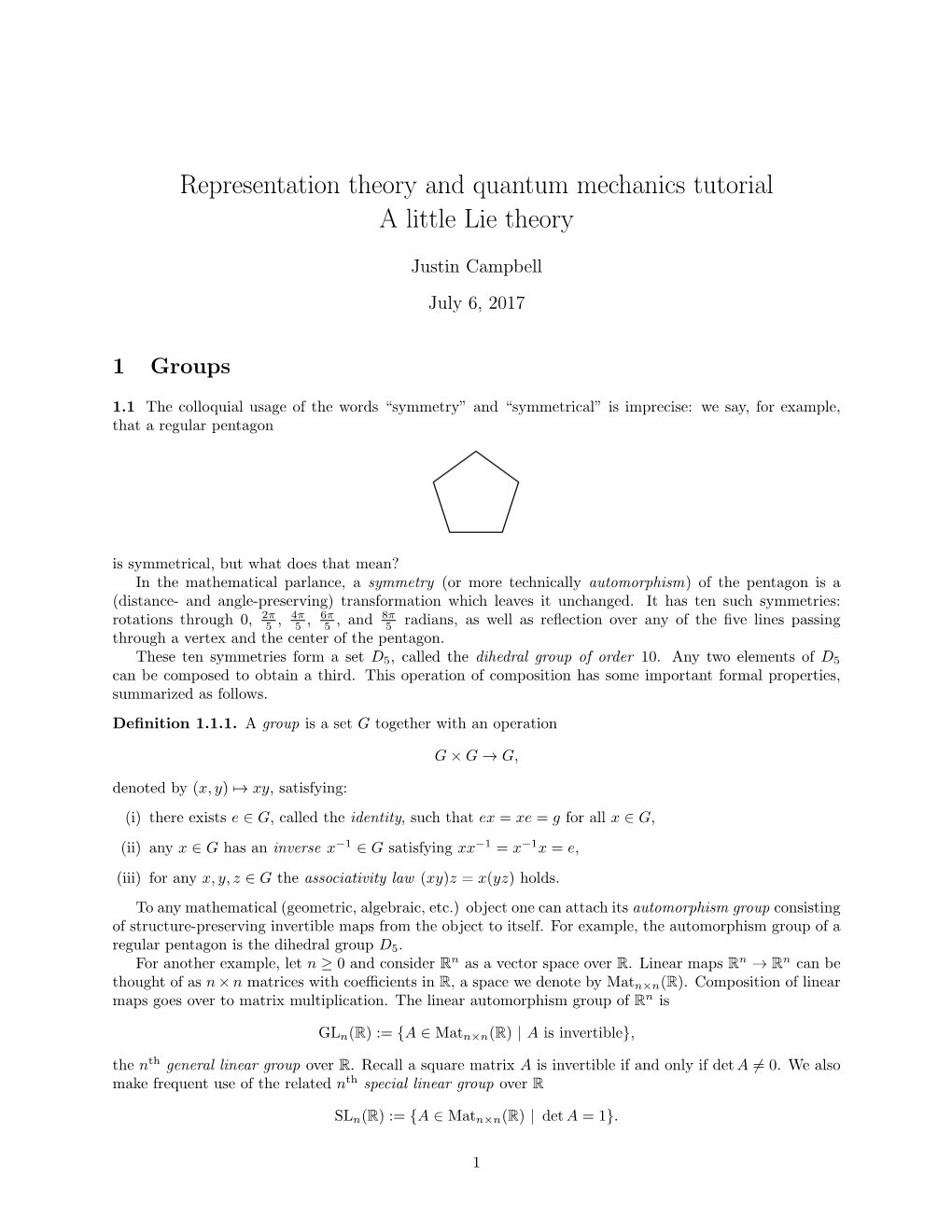 Representation Theory and Quantum Mechanics Tutorial a Little Lie Theory