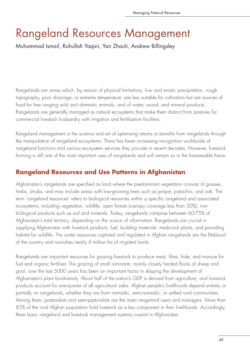 Rangeland Resources Management Muhammad Ismail, Rohullah Yaqini, Yan Zhaoli, Andrew Billingsley