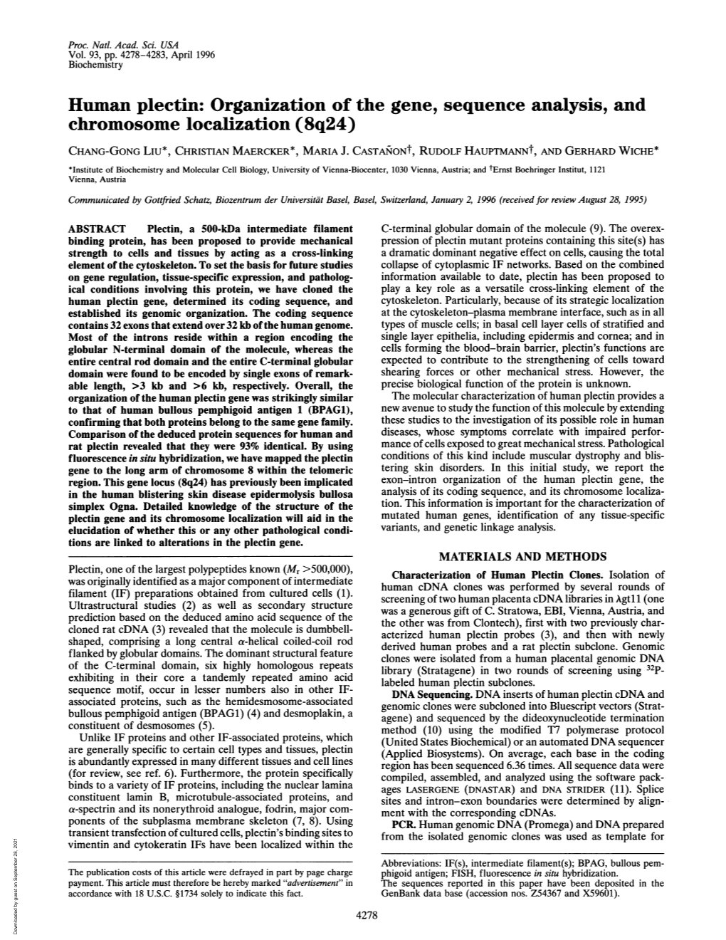Human Plectin: Organization of the Gene, Sequence Analysis, and Chromosome Localization (8Q24) CHANG-GONG LIU*, CHRISTIAN MAERCKER*, MARIA J