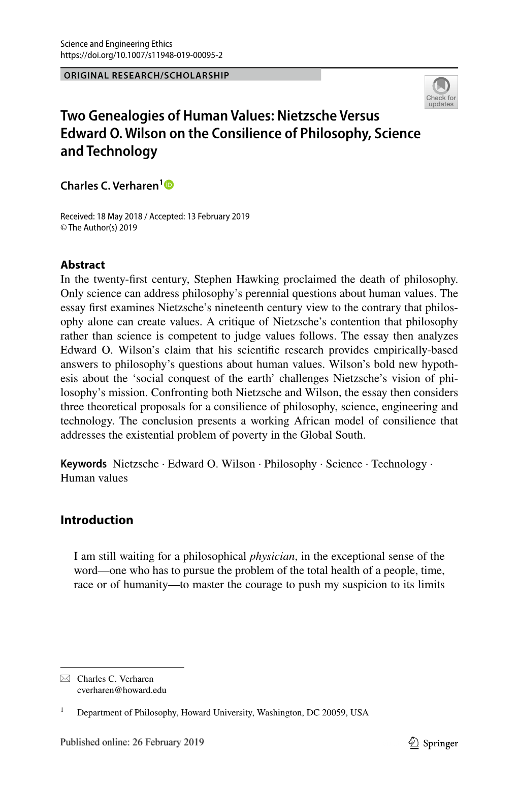 Two Genealogies of Human Values: Nietzsche Versus Edward O. Wilson on the Consilience of Philosophy, Science and Technology