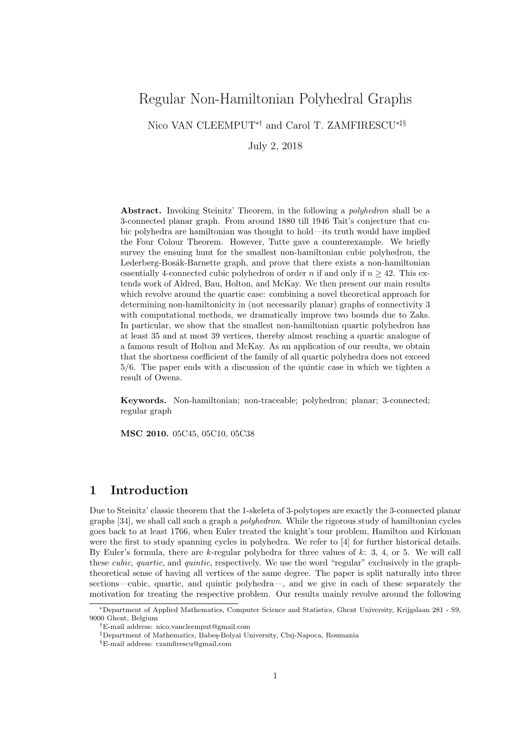 Regular Non-Hamiltonian Polyhedral Graphs