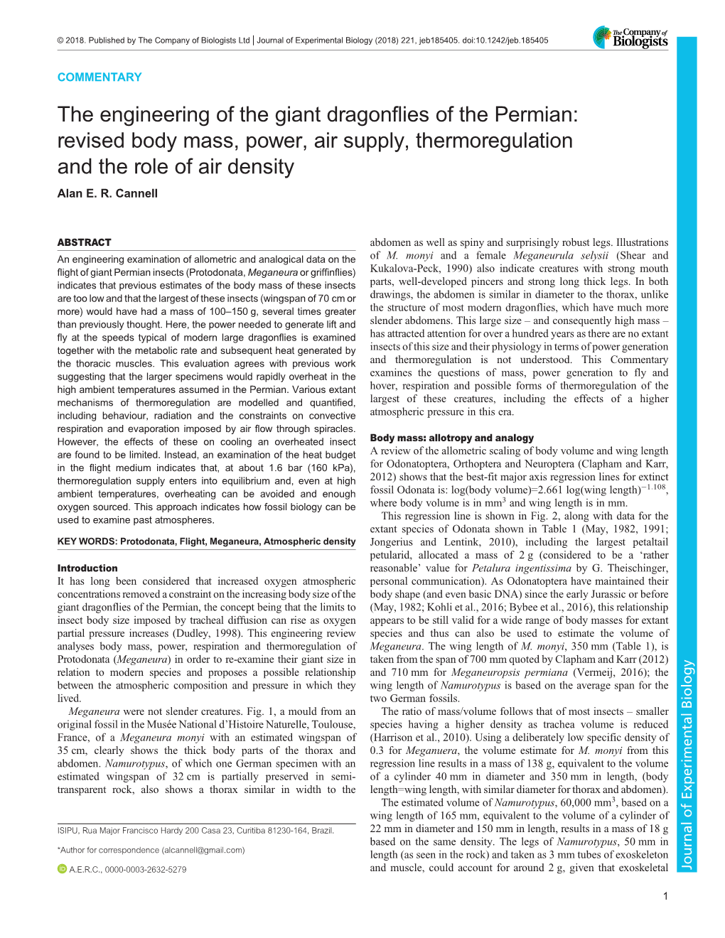 The Engineering of the Giant Dragonflies of the Permian: Revised Body Mass, Power, Air Supply, Thermoregulation and the Role of Air Density Alan E