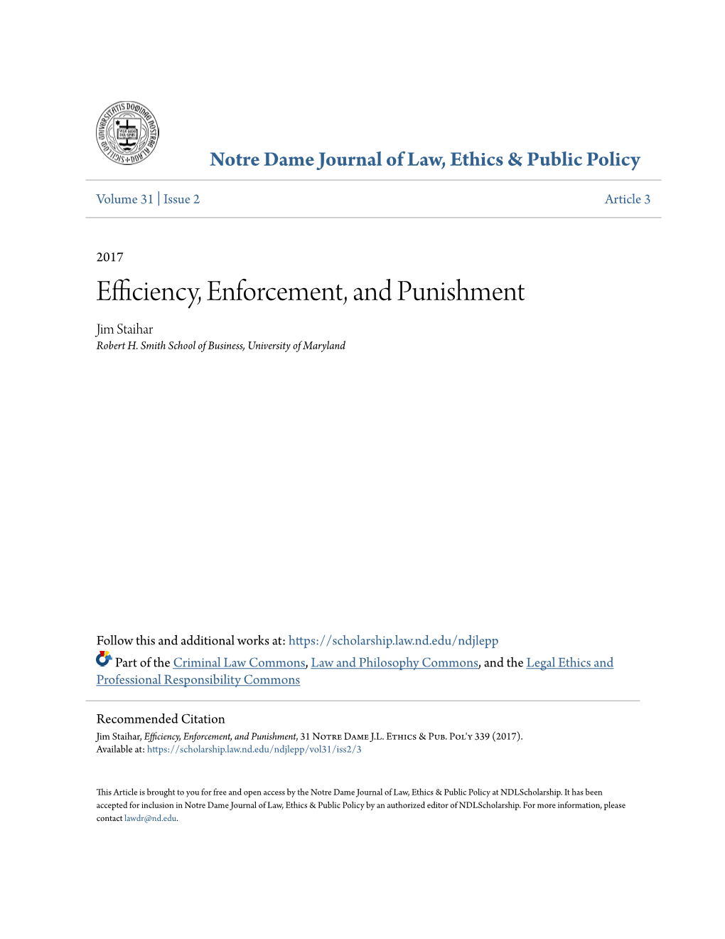 Efficiency, Enforcement, and Punishment Jim Staihar Robert H