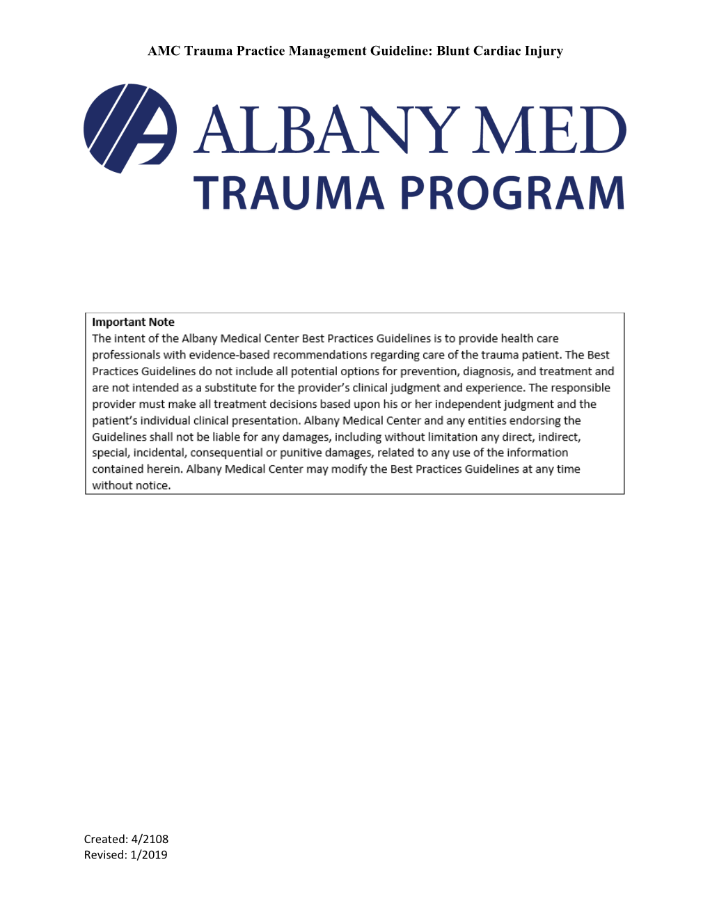 AMC Trauma Practice Management Guideline: Blunt Cardiac Injury