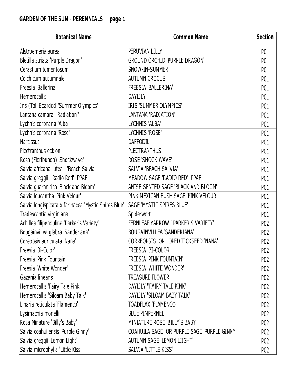 GARDEN of the SUN - PERENNIALS Page 1