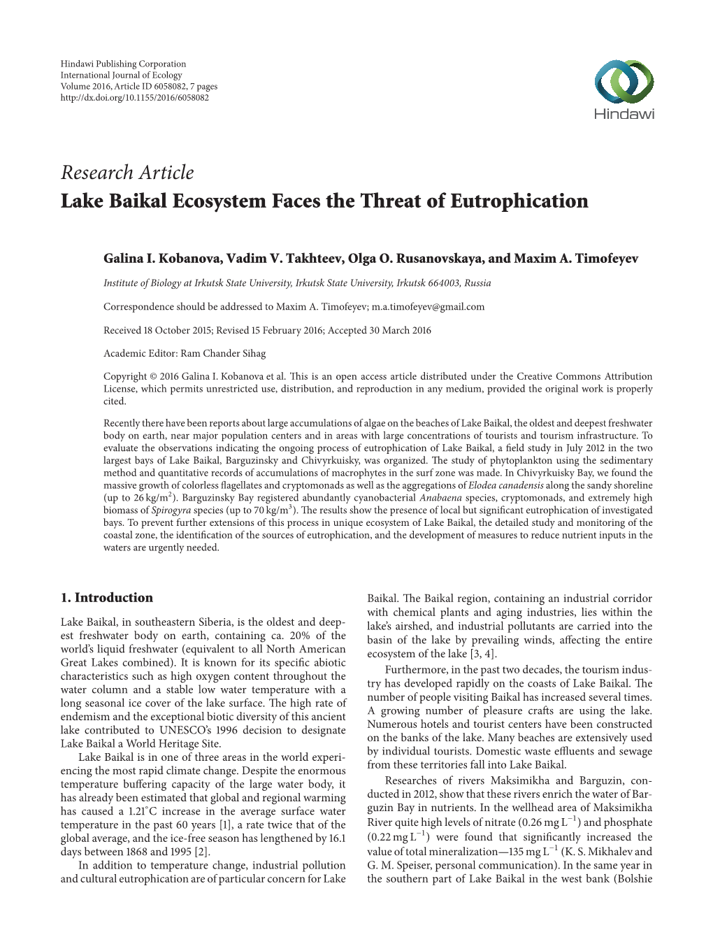 Research Article Lake Baikal Ecosystem Faces the Threat of Eutrophication