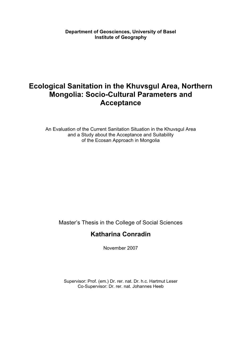 Ecological Sanitation in the Khuvsgul Area, Northern Mongolia: Socio-Cultural Parameters and Acceptance