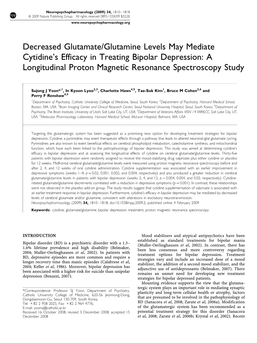 S Efficacy in Treating Bipolar Depression: a Longitudinal Proton Magnetic Resonance Spectroscopy Study