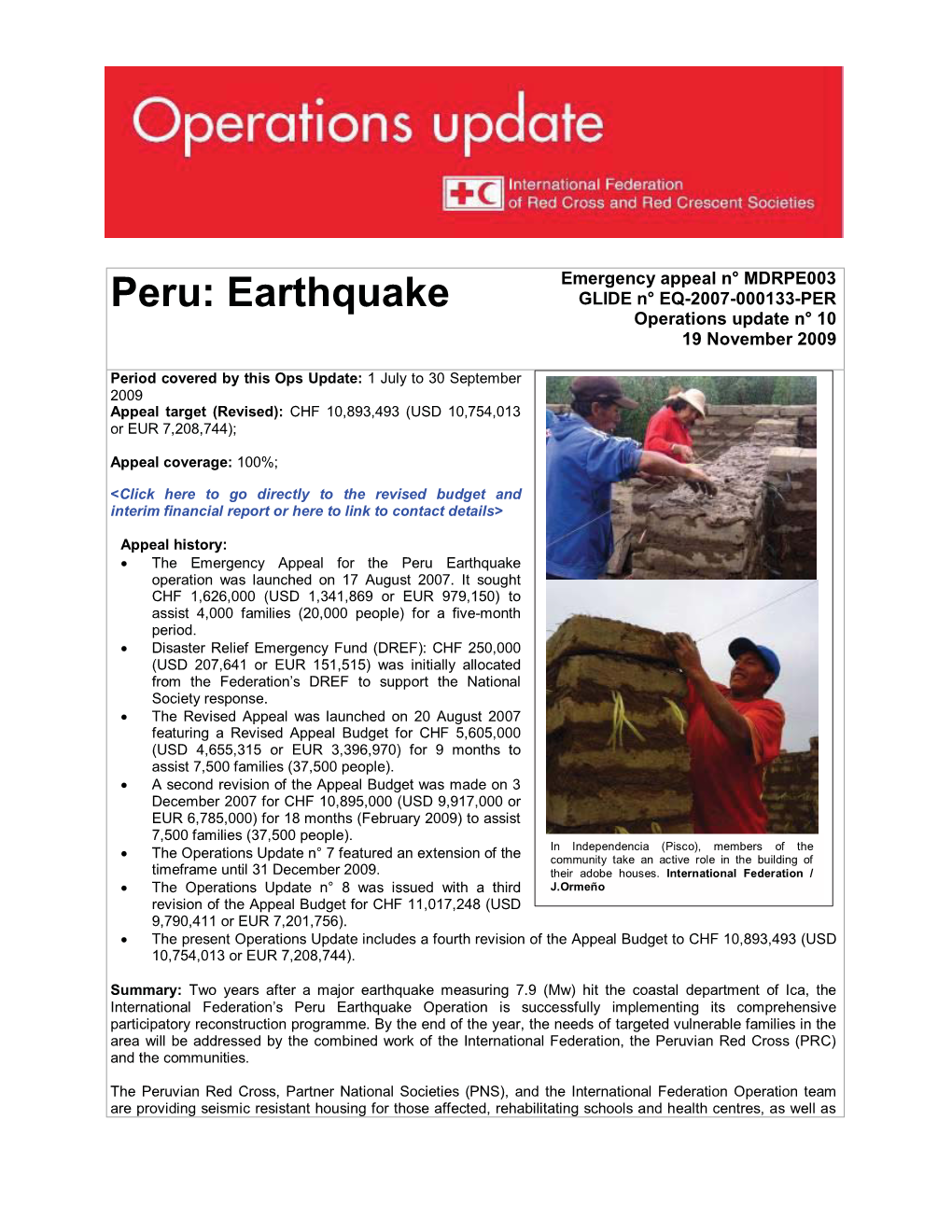 Peru: Earthquake GLIDE N° EQ-2007-000133-PER Operations Update N° 10 19 November 2009