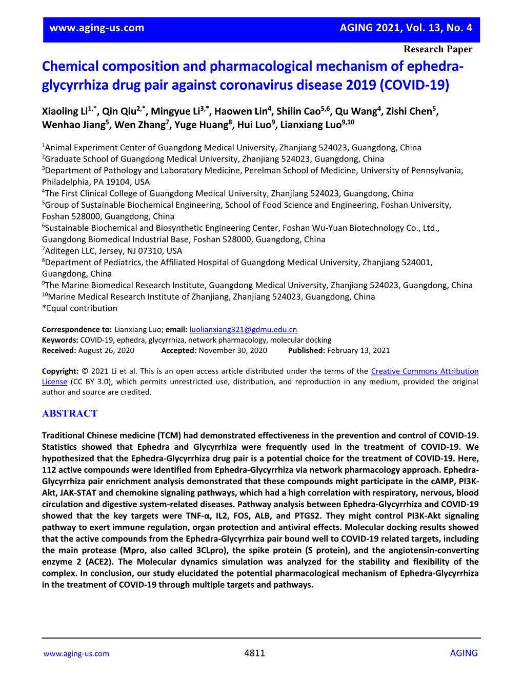 Chemical Composition and Pharmacological Mechanism of Ephedra- Glycyrrhiza Drug Pair Against Coronavirus Disease 2019 (COVID-19)