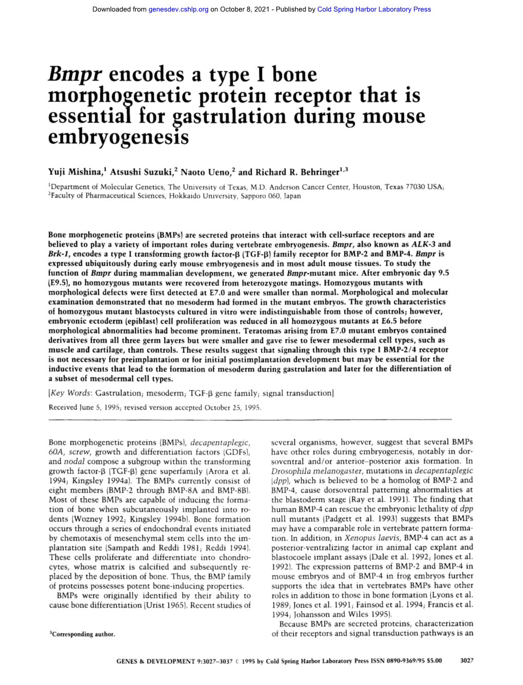 Bmpr Encodes a Type I Bone Morphogenetic Protein Receptor That Is Essential for Gastrulation During Mouse Embryogenesis