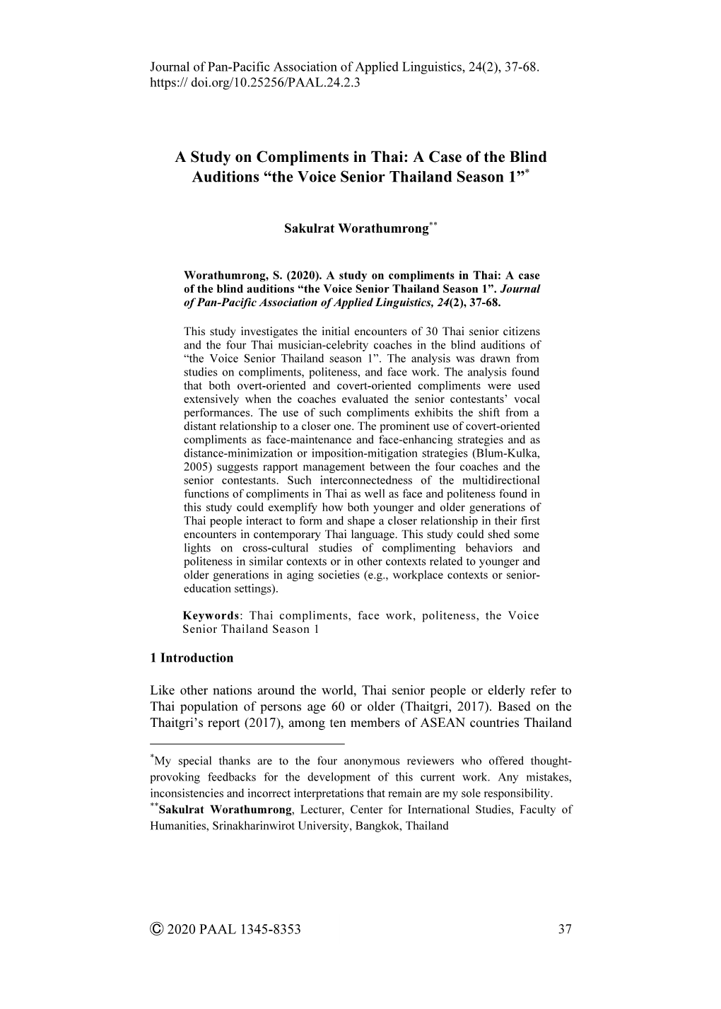 A Study on Compliments in Thai: a Case of the Blind Auditions “The Voice Senior Thailand Season 1”