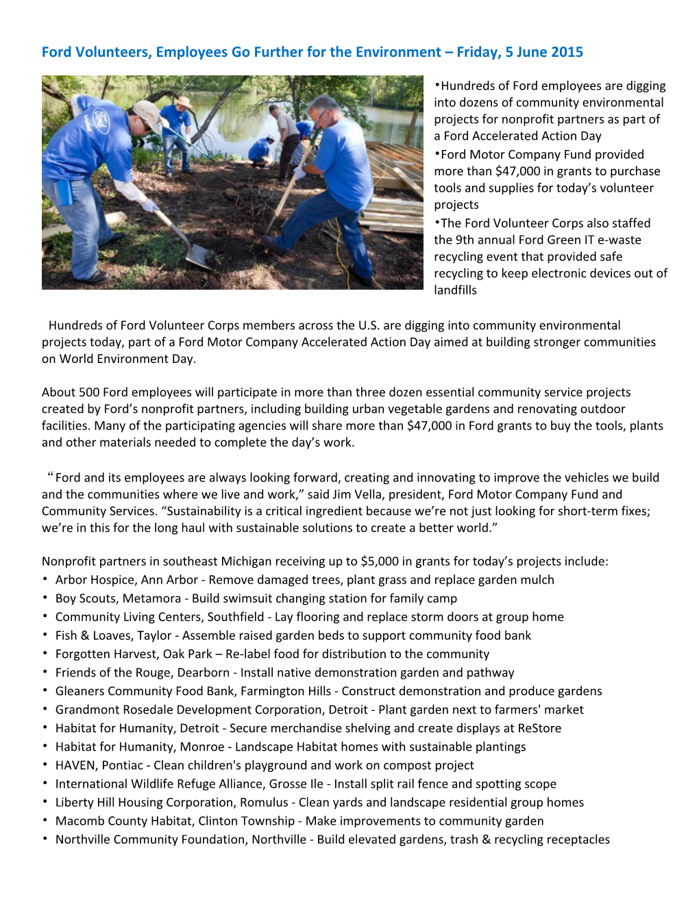 Ford Volunteers, Employees Go Further for the Environment Friday, 5 June 2015