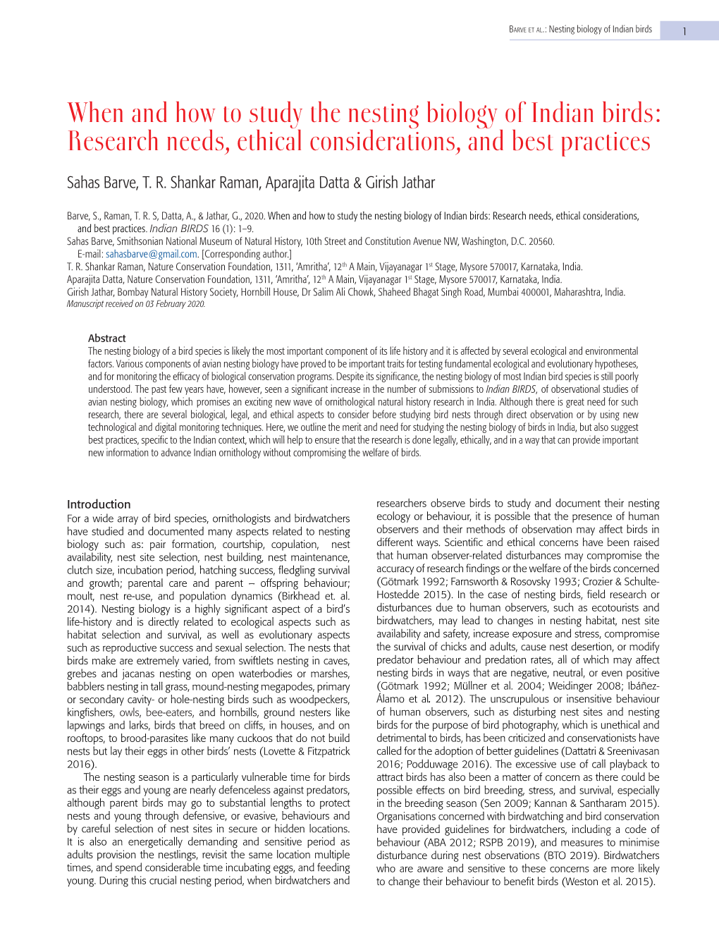 When and How to Study the Nesting Biology of Indian Birds: Research Needs, Ethical Considerations, and Best Practices