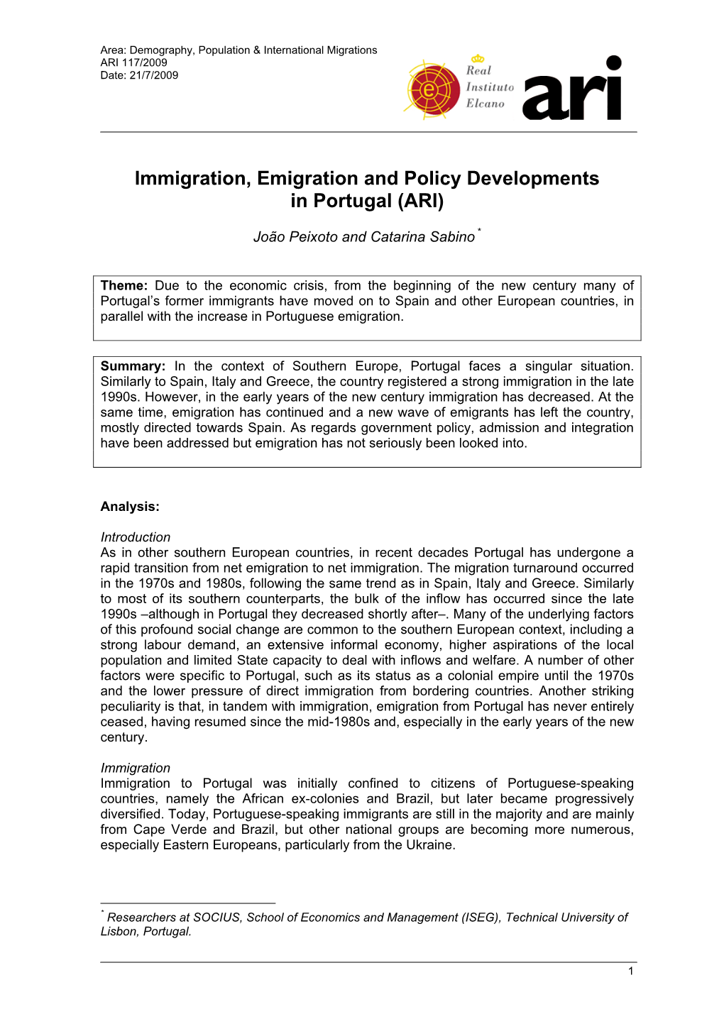 Immigration, Emigration and Policy Developments in Portugal (ARI)