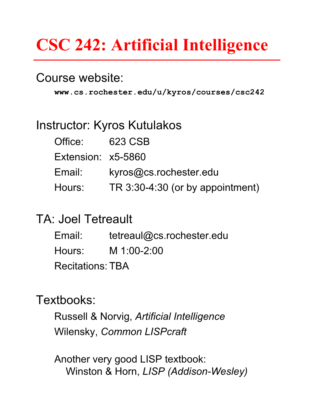 CSC 242: Artificial Intelligence