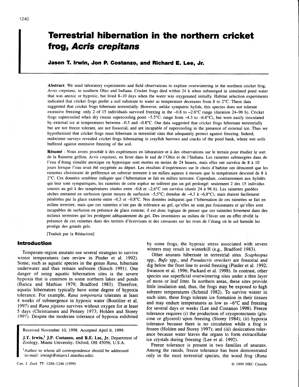 Terrestrial Hibernation in the Northern Cricket Frog, Acris Cnepitans