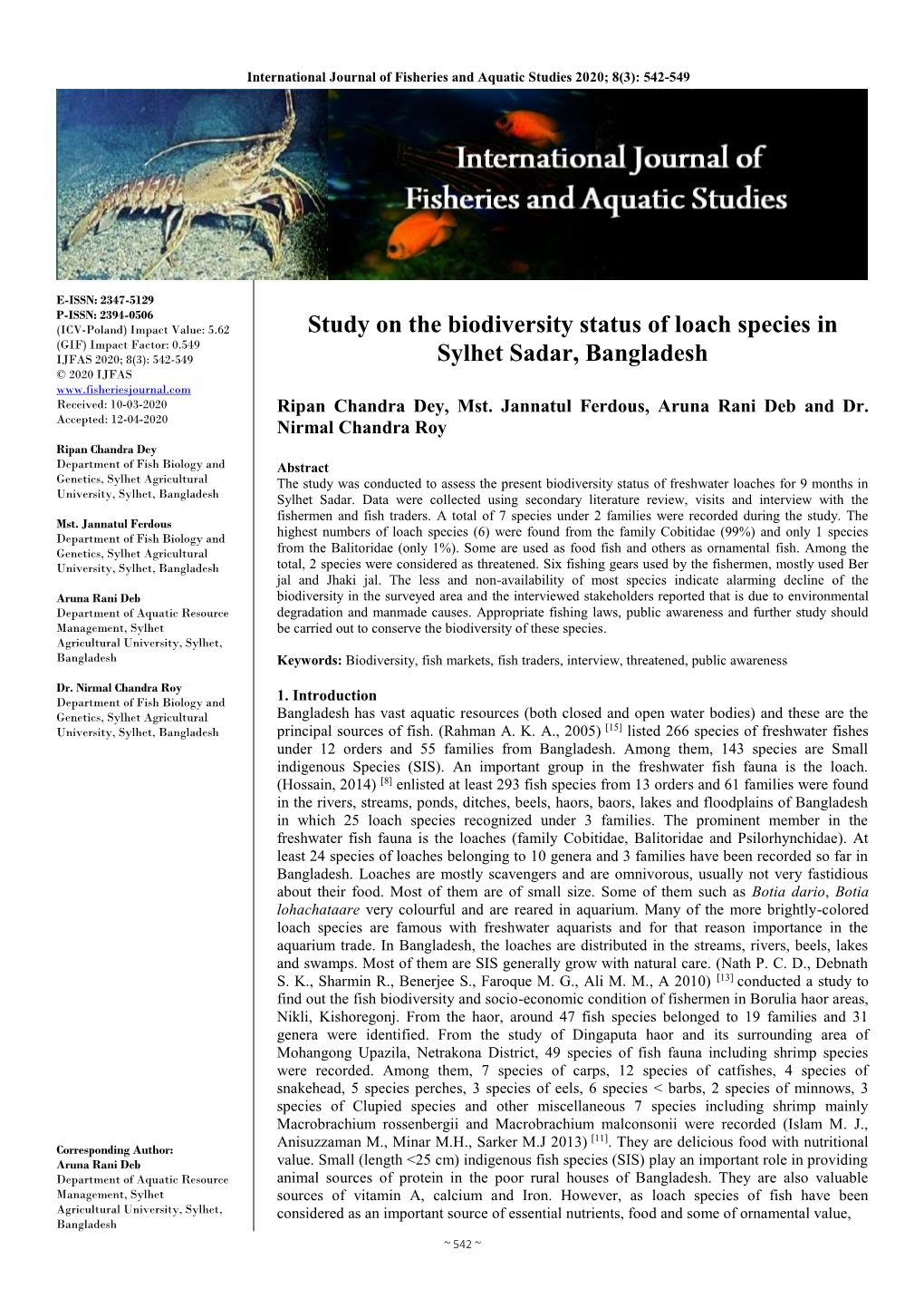 Study on the Biodiversity Status of Loach Species in Sylhet Sadar