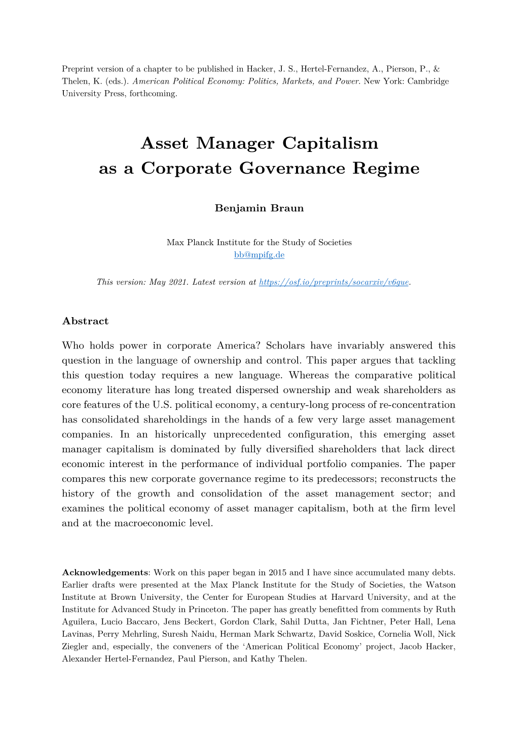 Asset Manager Capitalism As a Corporate Governance Regime