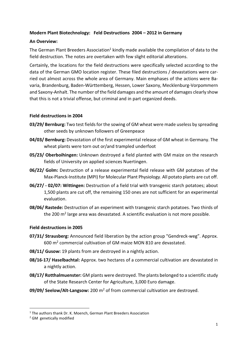 The German Plant Breeders Association 1 Kindly Made Available the Compilation of Data to the Field Destruction