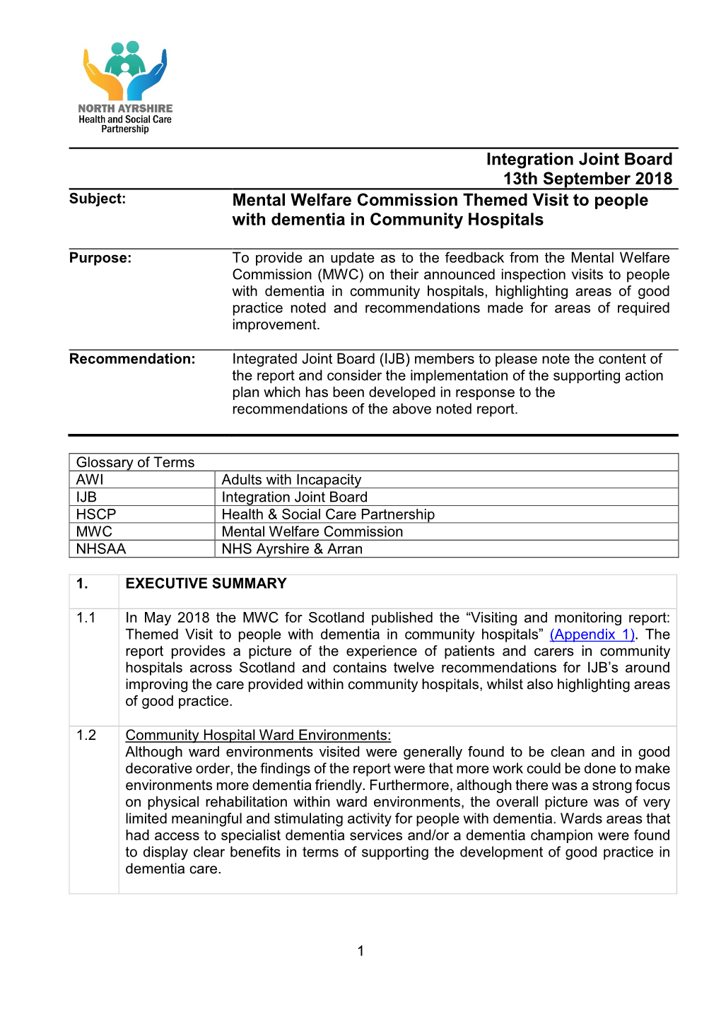 Integration Joint Board 13Th September 2018 Mental Welfare Commission Themed Visit to People with Dementia in Community Hospital