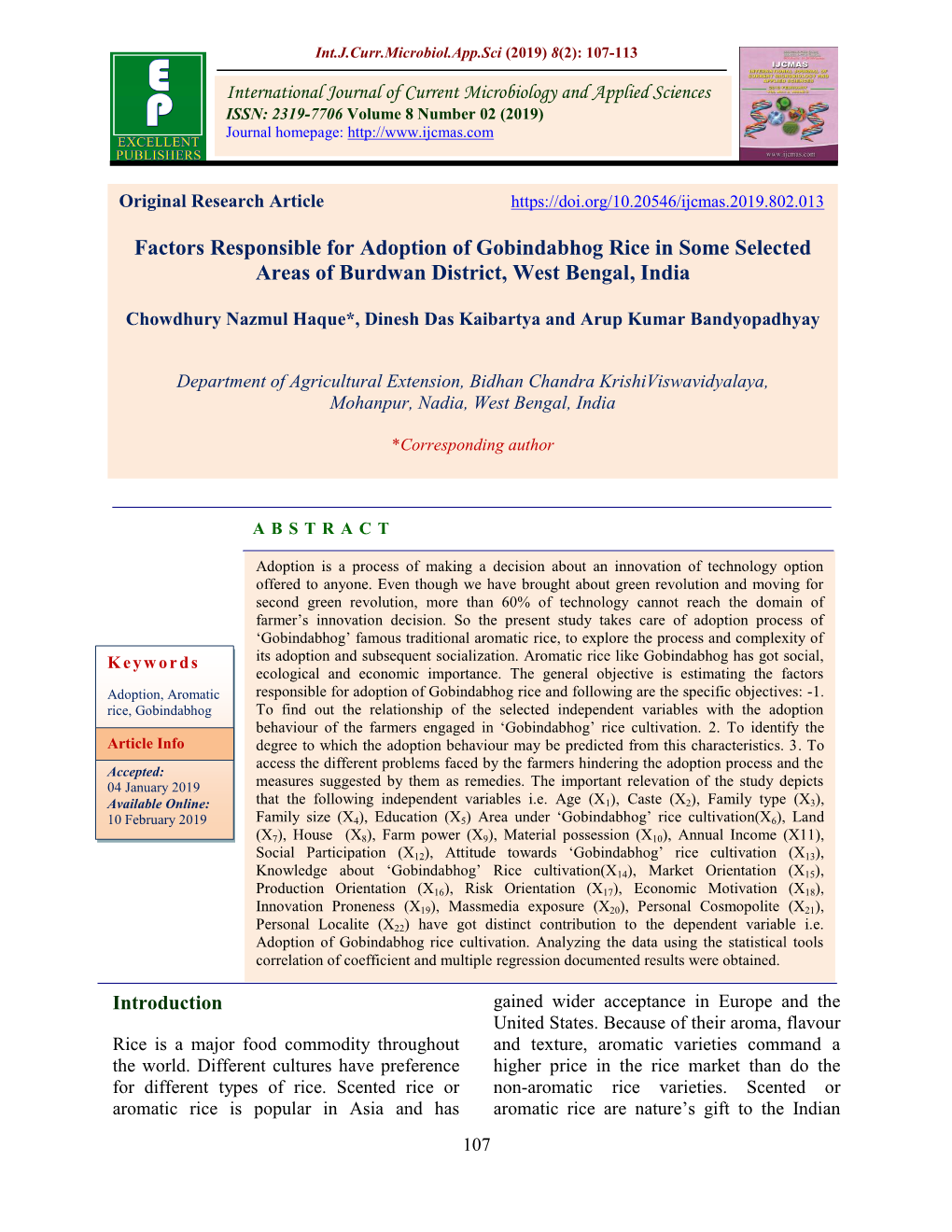 Factors Responsible for Adoption of Gobindabhog Rice in Some Selected Areas of Burdwan District, West Bengal, India