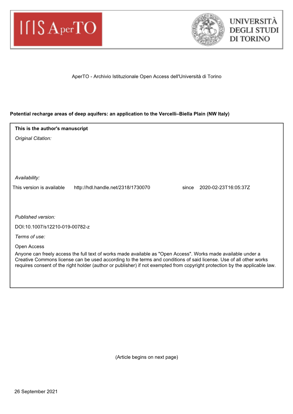 Potential Recharge Areas of Deep Aquifers: an Application to the Vercelli–Biella Plain (NW Italy)