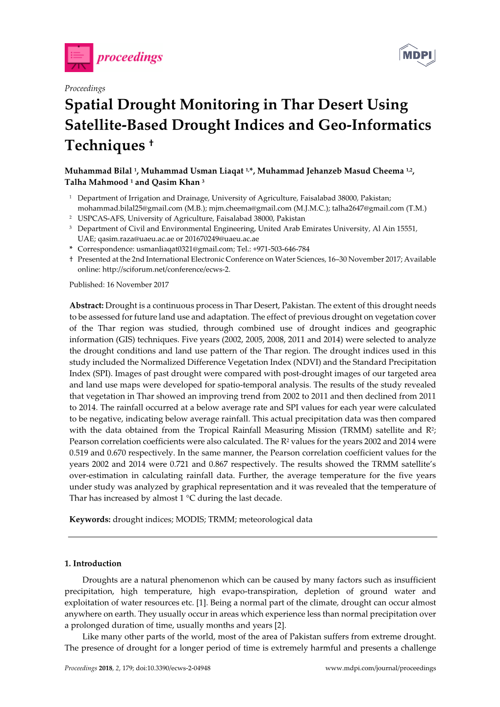 Spatial Drought Monitoring in Thar Desert Using Satellite-Based Drought Indices and Geo-Informatics Techniques †