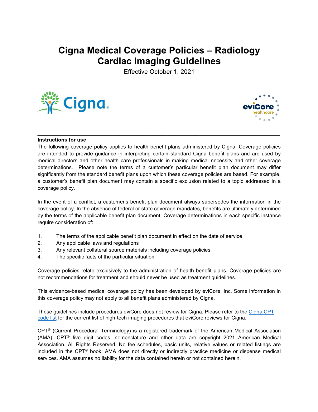 Cardiac Imaging Guidelines Effective October 1, 2021