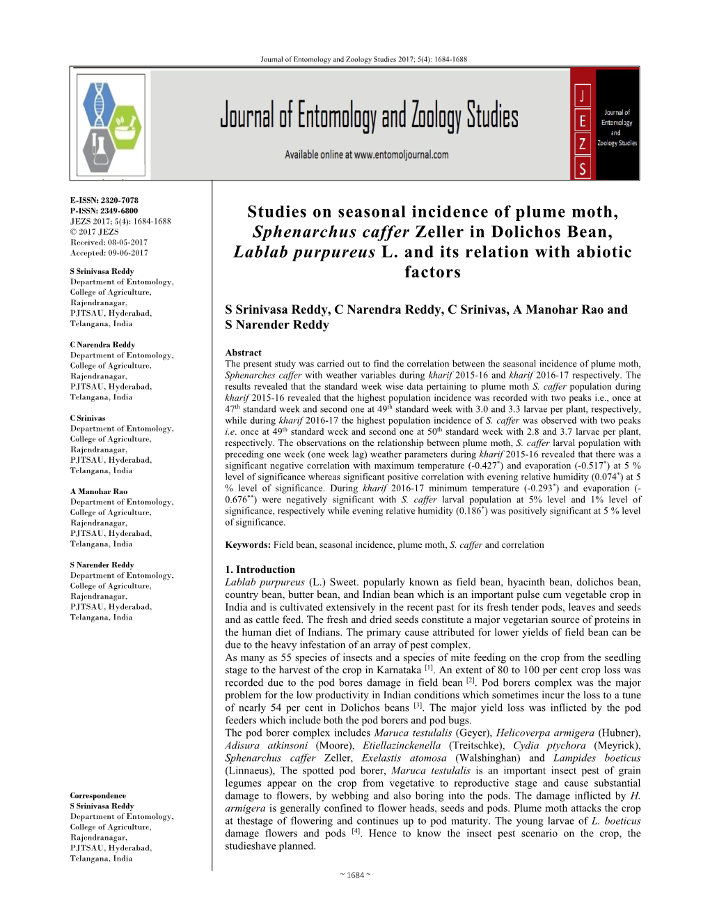 Studies on Seasonal Incidence of Plume Moth, Sphenarchus Caffer