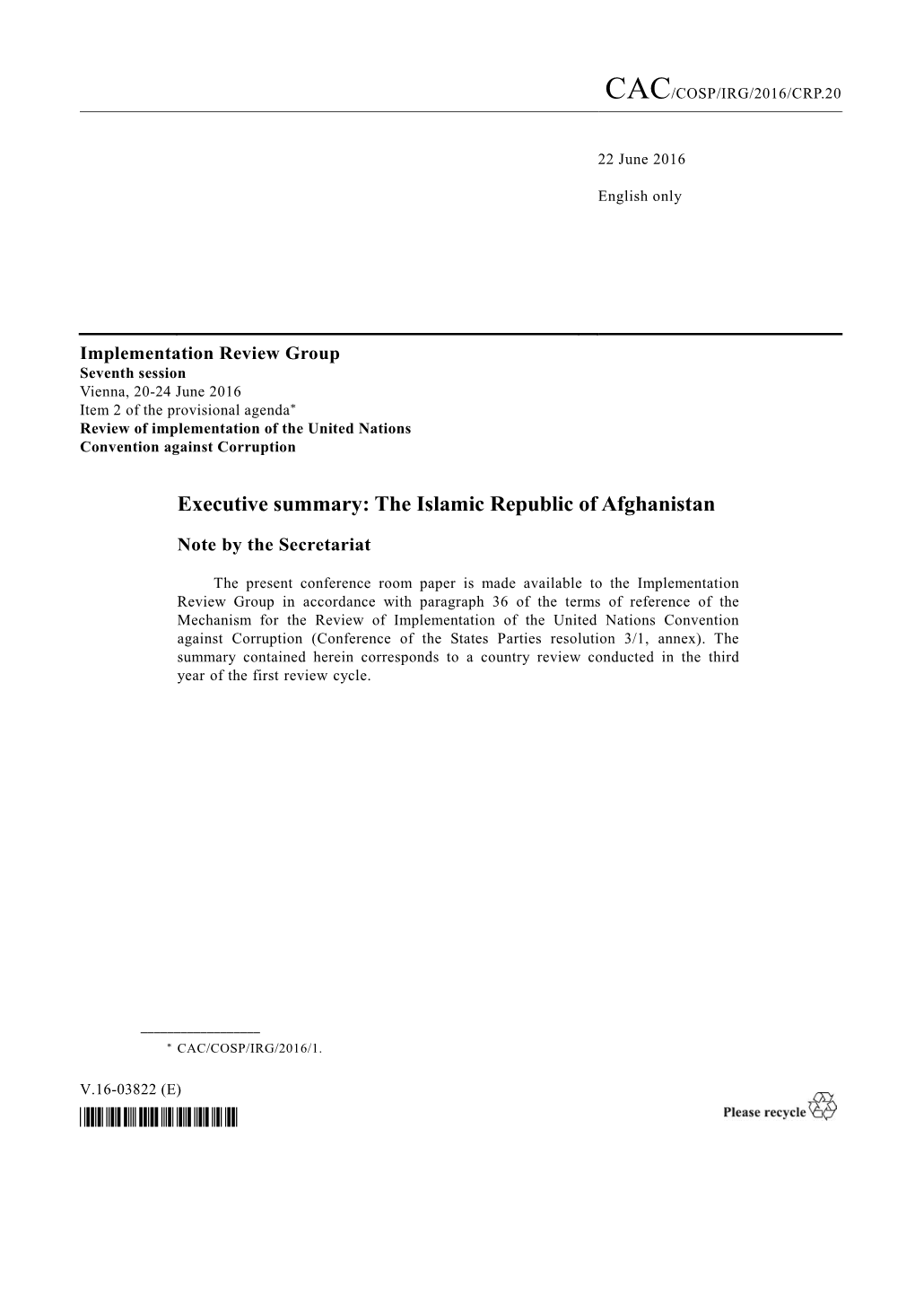 Executive Summary: the Islamic Republic of Afghanistan