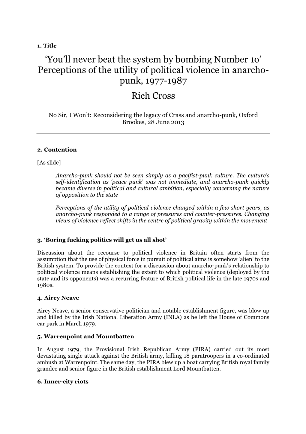 'You'll Never Beat the System by Bombing Number 1O' Perceptions of the Utility of Political Violence in Anarcho- Punk