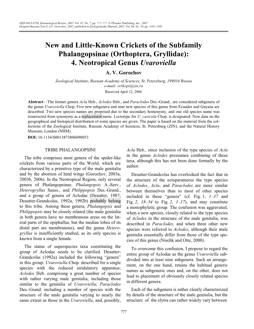 New and Little-Known Crickets of the Subfamily Phalangopsinae (Orthoptera, Gryllidae): 4. Neotropical Genus Uvaroviella