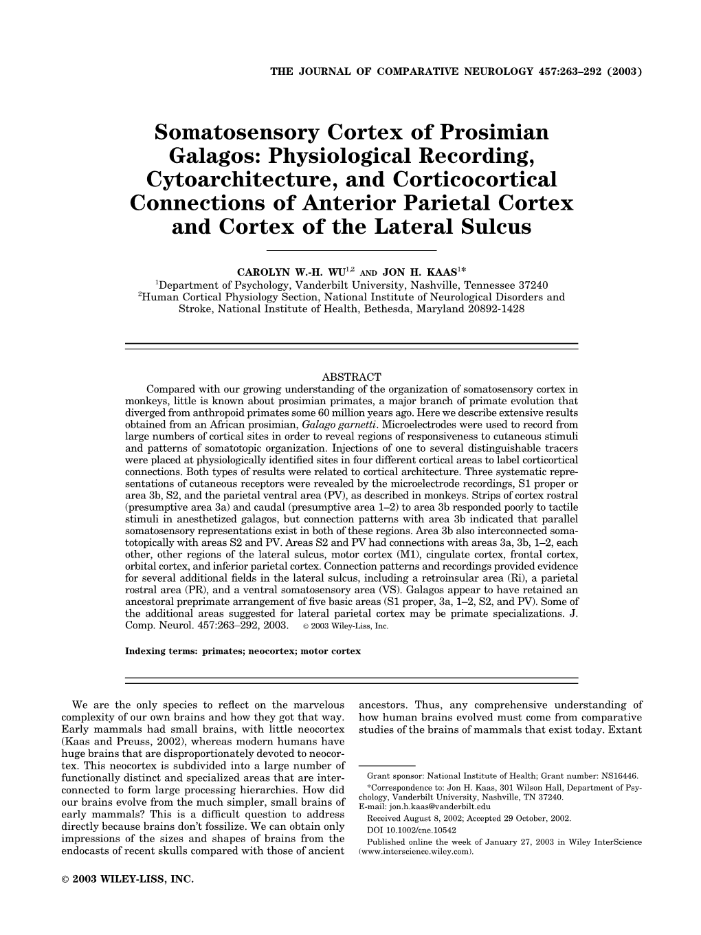 Somatosensory Cortex of Prosimian Galagos