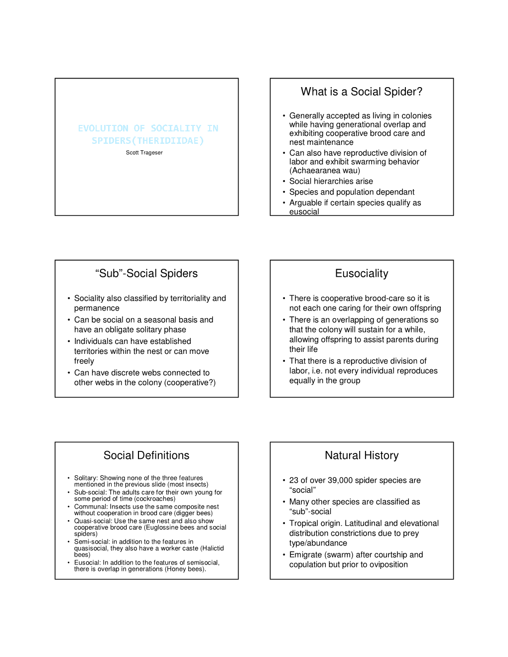 What Is a Social Spider? “Sub”-Social Spiders Eusociality Social Definitions Natural History