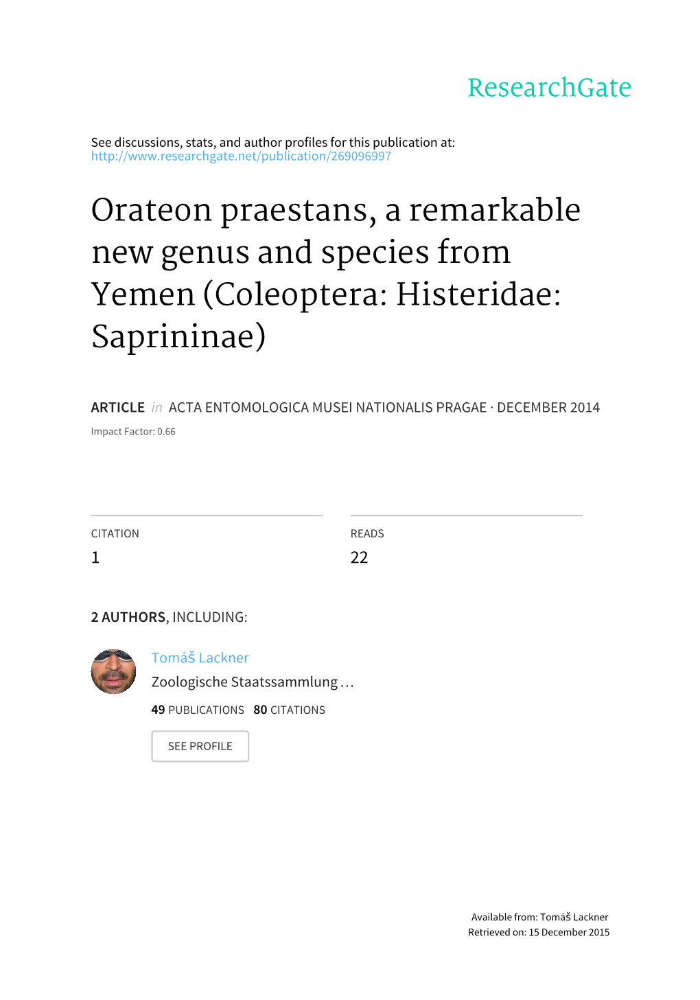 Orateon Praestans, a Remarkable New Genus and Species from Yemen (Coleoptera: Histeridae: Saprininae)