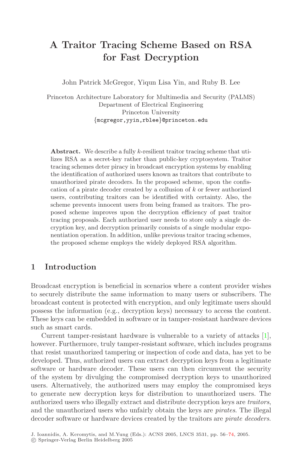 A Traitor Tracing Scheme Based on RSA for Fast Decryption