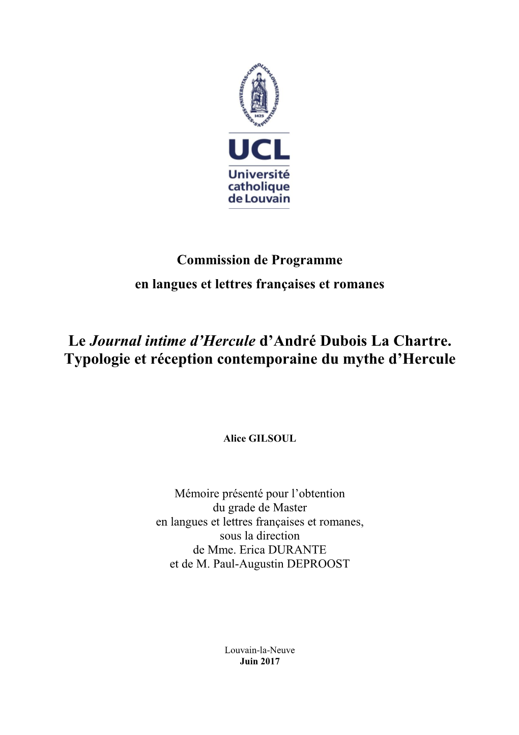 Le Journal Intime D'hercule D'andré Dubois La Chartre. Typologie Et Réception Contemporaine Du Mythe D'hercule