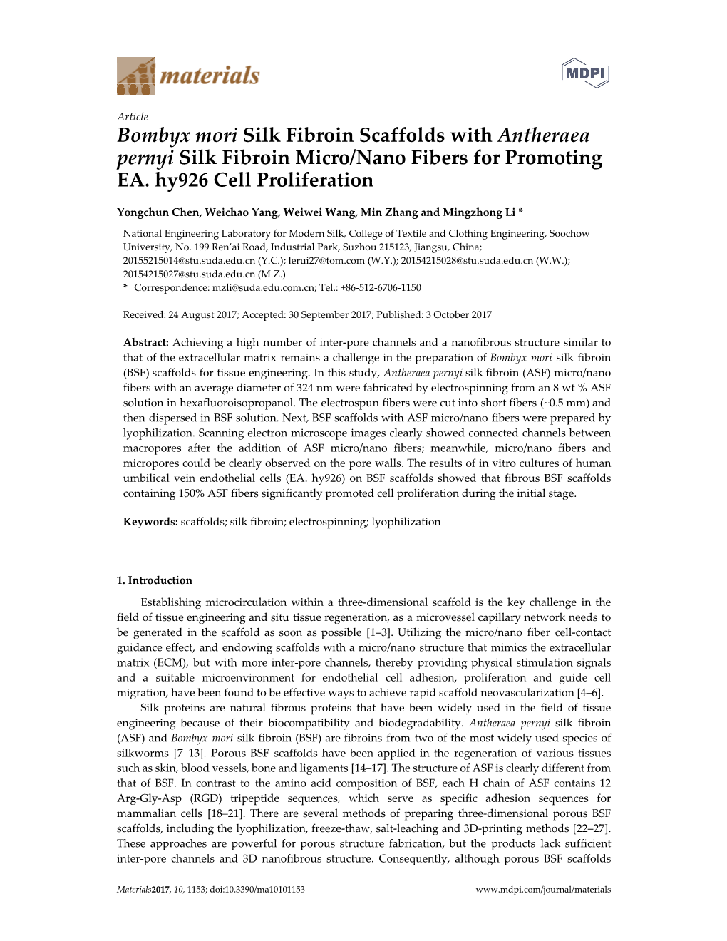 Bombyx Mori Silk Fibroin Scaffolds with Antheraea Pernyi Silk Fibroin Micro/Nano Fibers for Promoting EA