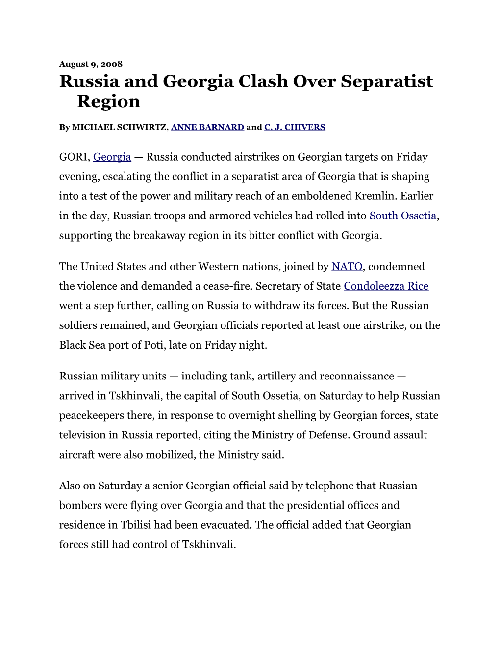 Russia and Georgia Clash Over Separatist Region