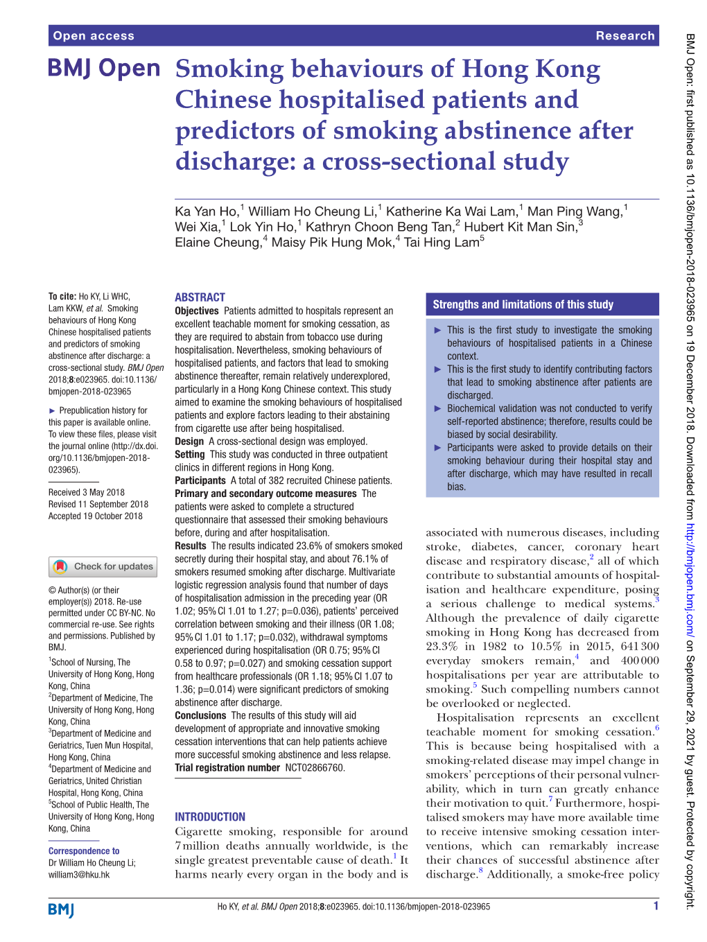 Smoking Behaviours of Hong Kong Chinese Hospitalised Patients and Predictors of Smoking Abstinence After Discharge: a Cross-Sectional Study