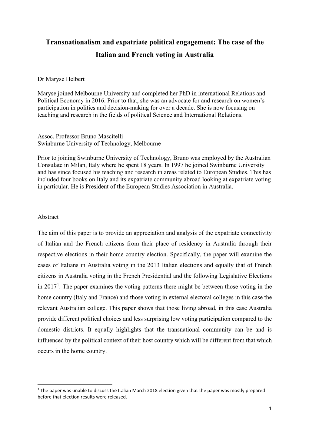 Transnationalism and Expatriate Political Engagement: the Case of the Italian and French Voting in Australia