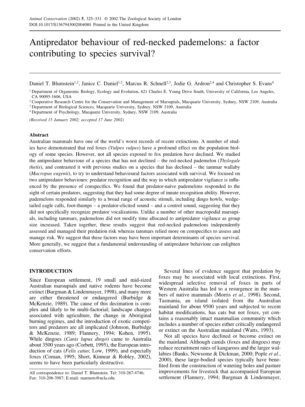 Antipredator Behaviour of Red-Necked Pademelons: a Factor Contributing to Species Survival?