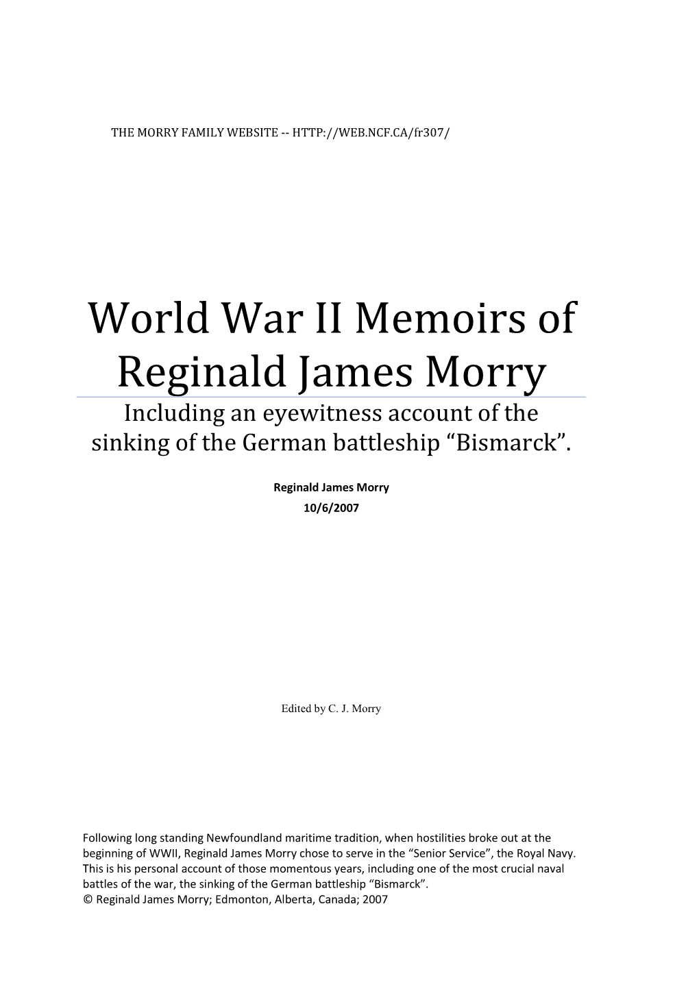 Reginald James Morry's Memoirs of WWII