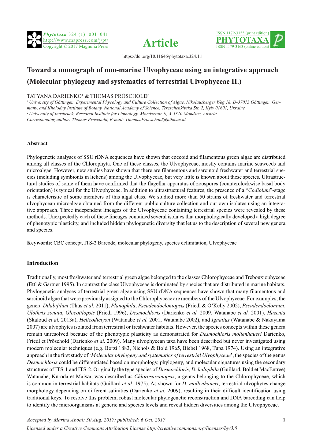 Molecular Phylogeny and Systematics of Terrestrial Ulvophyceae II.)